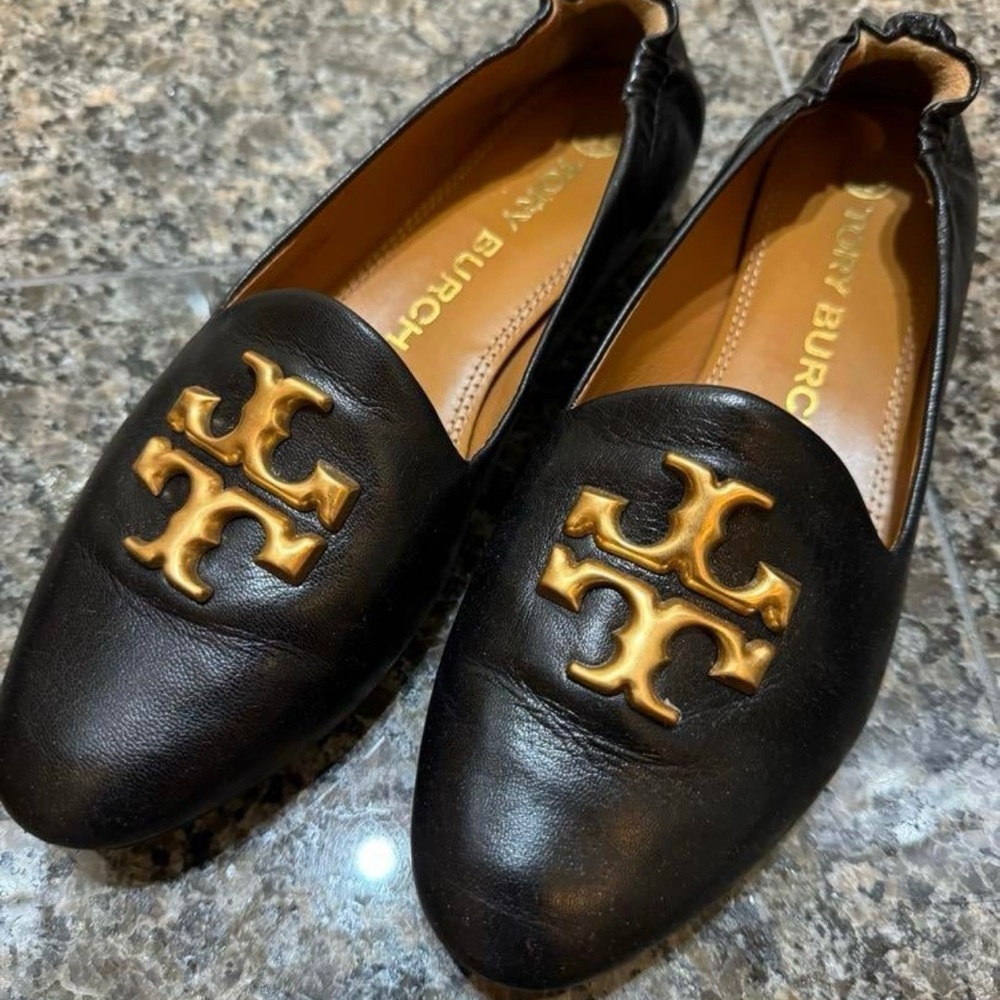 Tory Burch Black Leather Flats with Gold Logo